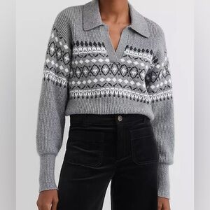 LOFT Fair Isle Ribbed Collared Sweater Grey M